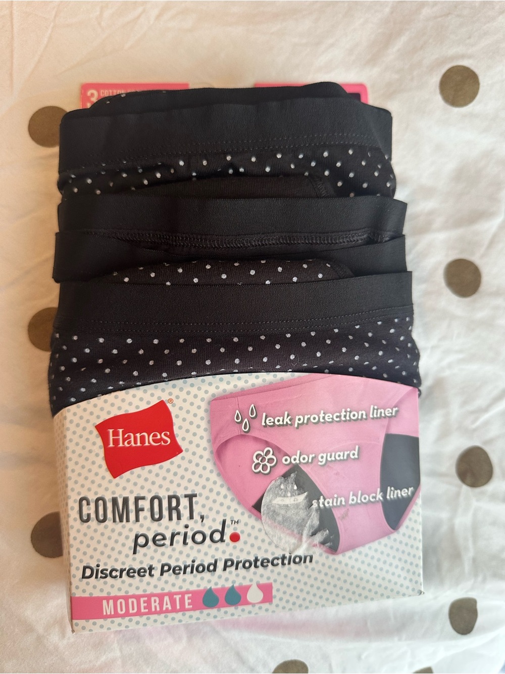 Hanes Black Polka Dot Comfort Period™ Women’s Moderate Underwear - 3-Pack